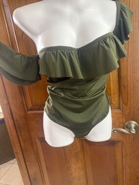 Off-Shoulder Ruffle One-Piece Swimsuit in Olive